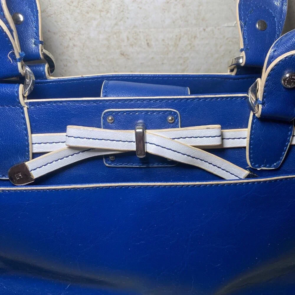 Vtg Liz Claiborne Blue Faux Leather Handbag With White Accent Bow & Dual Handles